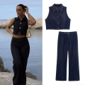 Women's Casual Denim Two Piece Set Sleeveless Button Down Vest Top and Wide Leg High Waist Pants with Belt Contrast Stitching Streetwear Outfit