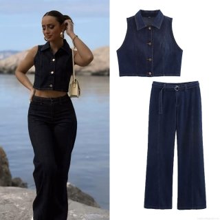 Women's Casual Denim Two Piece Set Sleeveless Button Down Vest Top and Wide Leg High Waist Pants with Belt Contrast Stitching Streetwear Outfit