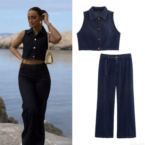 Women's Casual Denim Two Piece Set Sleeveless Button Down Vest Top and Wide Leg High Waist Pants with Belt Contrast Stitching Streetwear Outfit
