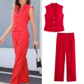 Women's Red 2 Piece Vest Pants Set Fashion Sleeveless Single Breasted Waistcoat And High Waist Wide Leg Trousers Woven Polyester Outfits For Casual Streetwear Party