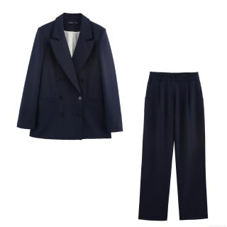 Women's Business Suit Set 2-Piece Double-Breasted Notch Lapel Blazer And High Waist Wide Leg Trousers Polyester Commuting Office Professional Outfit