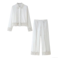 Women's Elegant White Lace Crochet Two Piece Set Long Sleeve Lapel Shirt And High Waist Wide Leg Pants Chic Summer Vacation Outfits