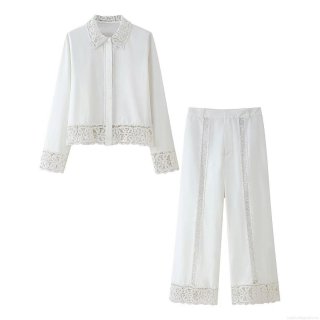Women's Elegant White Lace Crochet Two Piece Set Long Sleeve Lapel Shirt And High Waist Wide Leg Pants Chic Summer Vacation Outfits