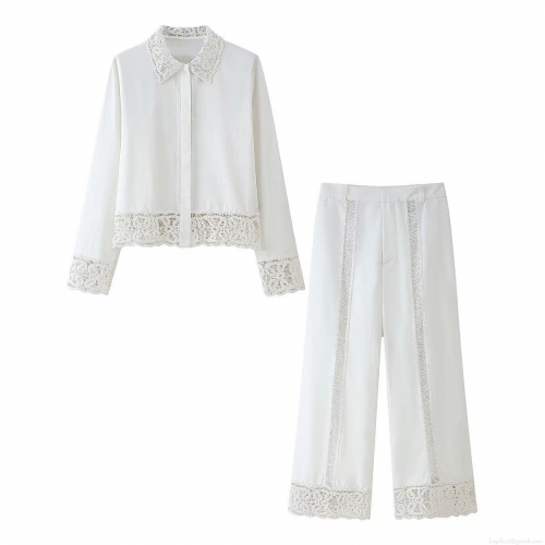 Women's Elegant White Lace Crochet Two Piece Set Long Sleeve Lapel Shirt And High Waist Wide Leg Pants Chic Summer Vacation Outfits