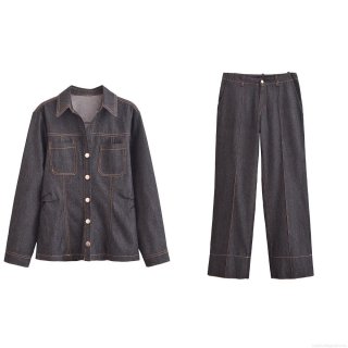 Women's 2-Piece Denim Style Set Contrast Stitching Long Sleeve Button Down Shirt And Wide Leg Pants Casual Streetwear Outfits For Spring Autumn