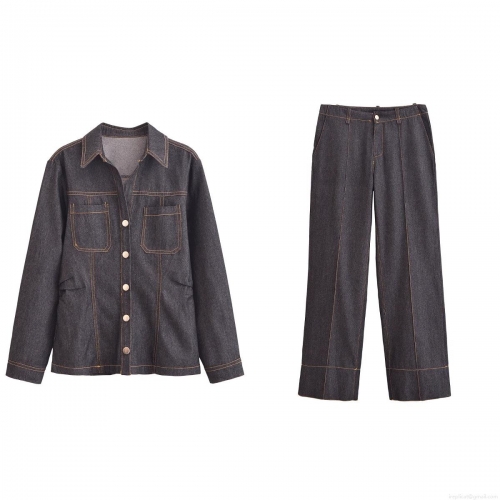 Women's 2-Piece Denim Style Set Contrast Stitching Long Sleeve Button Down Shirt And Wide Leg Pants Casual Streetwear Outfits For Spring Autumn