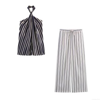 Summer Women Striped Halter Neck Backless Top And High Waist Wide Leg Drawstring Pants Two Piece Set Streetwear Casual Outfits