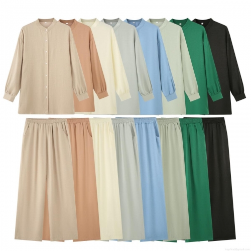 Women's Casual 2-Piece Outfit Cotton Blend Long Sleeve Stand Collar Button Down Shirt and Elastic Waist Wide Leg Pants Set Solid Color Streetwear Suit