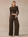 Women's 2-Piece Lounge Set Polyester Spandex Long Sleeve Crop Top And High Waist Wide Leg Pants Casual Home Suit Outfit For Ladies Solid Color Brown