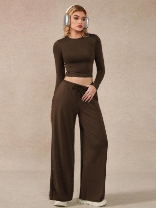 Women's 2-Piece Lounge Set Polyester Spandex Long Sleeve Crop Top And High Waist Wide Leg Pants Casual Home Suit Outfit For Ladies Solid Color Brown
