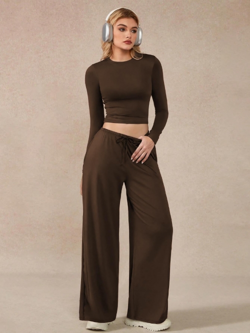 Women's 2-Piece Lounge Set Polyester Spandex Long Sleeve Crop Top And High Waist Wide Leg Pants Casual Home Suit Outfit For Ladies Solid Color Brown
