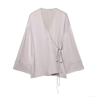 Women's Pleated Satin Two Piece Outfits Kimono Style Wrap Tie Side V Neck Top And Wide Leg Pants Set Solid Color Casual Lounge Wear Streetwear