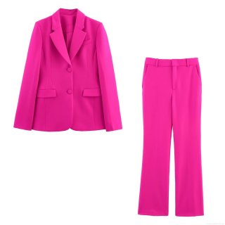 Women's Blazer Pants Set Elegant Polyester Double Button Slim Fit Jacket High Waist Flared Trousers Office Lady Streetwear Suit Magenta
