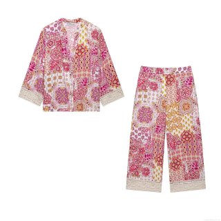 Women's Bohemian Printed 2-Piece Set V Neck Long Sleeve Lantern Sleeve Shirt and High Waist Wide Leg Pants With Lace Patchwork Ethnic Floral Summer Vacation Outfits