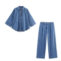 Women European Style Oversized Denim Shirt And Wide Leg Jeans Two Piece Pants Set Blue Cotton Blend Long Sleeve Button Up Washed Denim Casual Streetwear Outfits For Women