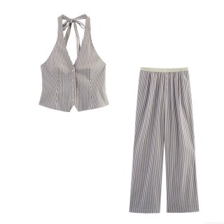 Women Striped Halter Top And Wide Leg Pants Set Poplin Polyester Blend Sleeveless Backless Summer Casual Two Piece Outfits For Women