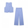 Women's Striped Two Piece Set Sleeveless Vest Top And Wide Leg Pants Office Lady Streetwear Polyester Casual Outfits Blue White Striped Suit