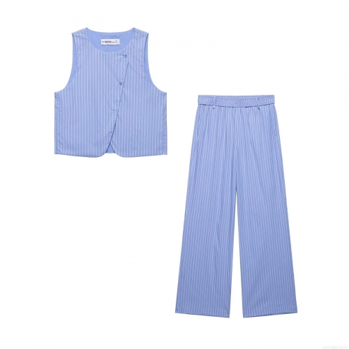Women's Striped Two Piece Set Sleeveless Vest Top And Wide Leg Pants Office Lady Streetwear Polyester Casual Outfits Blue White Striped Suit