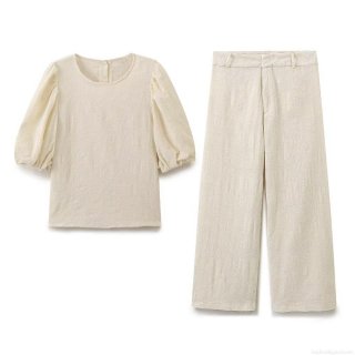 Women's Casual Cotton Blend Embroidery Two Piece Set Puff Sleeve Round Neck Top And Wide Leg Pants Suit Elegant Summer Outfit Streetwear Beige