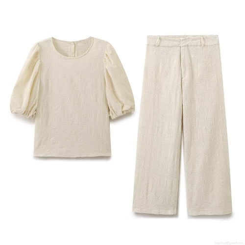 Women's Casual Cotton Blend Embroidery Two Piece Set Puff Sleeve Round Neck Top And Wide Leg Pants Suit Elegant Summer Outfit Streetwear Beige