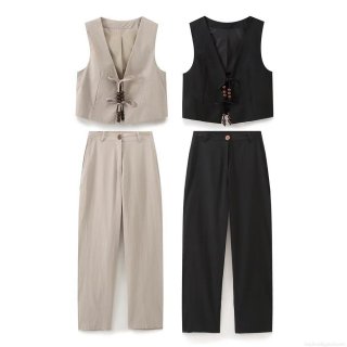 Women's 2 Piece Linen Blend Outfits V-Neck Lace Up Vest With Wood Beads And High Waist Wide Leg Pants Set Summer Casual Solid Color Sleeveless Top Long Trousers Co-ord Set