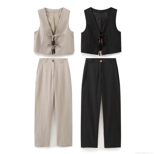Women's 2 Piece Linen Blend Outfits V-Neck Lace Up Vest With Wood Beads And High Waist Wide Leg Pants Set Summer Casual Solid Color Sleeveless Top Long Trousers Co-ord Set