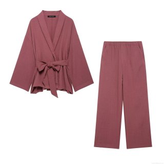 Women's Kimono Style Wrap Top and Wide Leg Pants Two-Piece Set Solid Color Linen Texture Lounge Wear Suit With Belt For Ladies Casual Streetwear