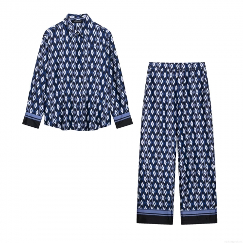 Women Geometric Rhombus Print 2 Piece Pants Set Loose Long Sleeve Lapel Shirt And High Waist Wide Leg Trousers Casual Streetwear Outfit