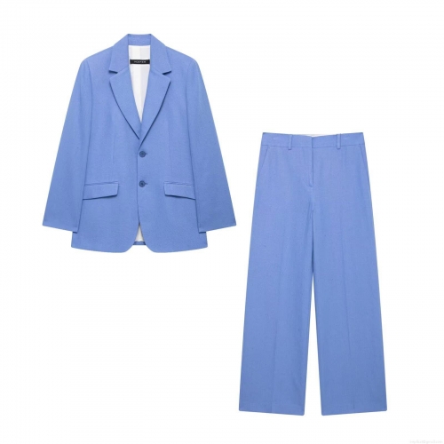 Women's Two Piece Linen Blend Suit Set Oversized Single Breasted Blazer Jacket And High Waist Wide Leg Long Pants Solid Color Streetwear Office Outfits