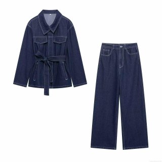 Women's Denim Set Navy Blue Lapel Belted Jacket And Wide Leg Pants Two-Piece Casual Streetwear Suit With Contrast Stitching