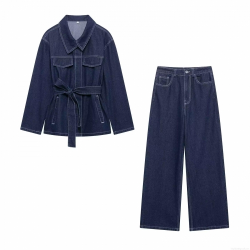 Women's Denim Set Navy Blue Lapel Belted Jacket And Wide Leg Pants Two-Piece Casual Streetwear Suit With Contrast Stitching