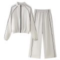 Women's Two Piece Outfits Contrast Trim Zipper Bomber Jacket Stand Collar Long Sleeve Coat And Elastic Waist Wide Leg Pants Set Minimalist Streetwear Tracksuit