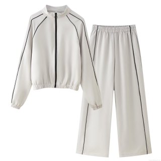 Women's Two Piece Outfits Contrast Trim Zipper Bomber Jacket Stand Collar Long Sleeve Coat And Elastic Waist Wide Leg Pants Set Minimalist Streetwear Tracksuit
