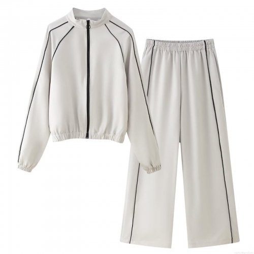 Women's Two Piece Outfits Contrast Trim Zipper Bomber Jacket Stand Collar Long Sleeve Coat And Elastic Waist Wide Leg Pants Set Minimalist Streetwear Tracksuit