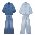 Women's Denim Two Piece Set Long Puff Sleeve Washed Denim Shirt and High Waisted Wide Leg Pants Casual Autumn Western Style Streetwear Outfit