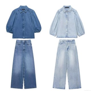 Women's Denim Two Piece Set Long Puff Sleeve Washed Denim Shirt and High Waisted Wide Leg Pants Casual Autumn Western Style Streetwear Outfit