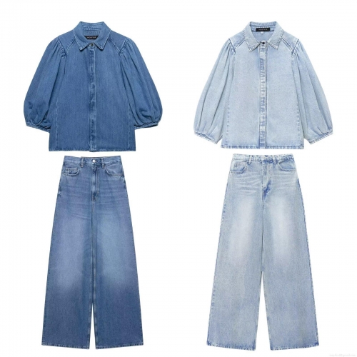 Women's Denim Two Piece Set Long Puff Sleeve Washed Denim Shirt and High Waisted Wide Leg Pants Casual Autumn Western Style Streetwear Outfit