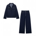 Women's Two-Piece Denim Style Set Contrast Stitching Polyester Streetwear High Waist Wide Leg Pants Vintage Utility Outfits Casual Streetwear