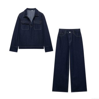 Women's Two-Piece Denim Style Set Contrast Stitching Polyester Streetwear High Waist Wide Leg Pants Vintage Utility Outfits Casual Streetwear