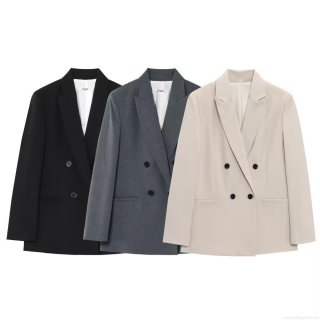 Women Double Breasted Blazer And Wide Leg Pants Two Piece Set Office Lady Professional Business Suit Solid Color Casual Streetwear Outfits