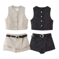 Women's Elegant Tweed Two Piece Set Sleeveless Round Neck Vest With Metal Buttons And High Waist Shorts With Belt Casual Streetwear Summer Outfits