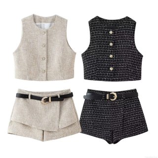 Women's Elegant Tweed Two Piece Set Sleeveless Round Neck Vest With Metal Buttons And High Waist Shorts With Belt Casual Streetwear Summer Outfits