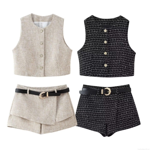 Women's Elegant Tweed Two Piece Set Sleeveless Round Neck Vest With Metal Buttons And High Waist Shorts With Belt Casual Streetwear Summer Outfits