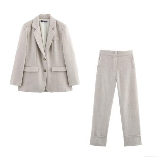 Women's 2-Piece Suit Set Padded Shoulder Blazer and Cuffed Straight Leg Trousers Oatmeal Woven Polyester Professional Office Streetwear Outfit