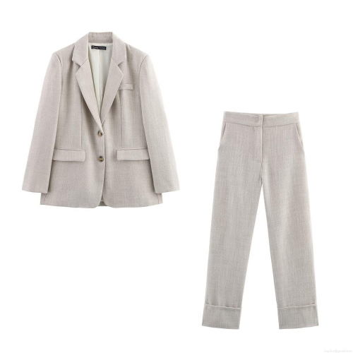 Women's 2-Piece Suit Set Padded Shoulder Blazer and Cuffed Straight Leg Trousers Oatmeal Woven Polyester Professional Office Streetwear Outfit