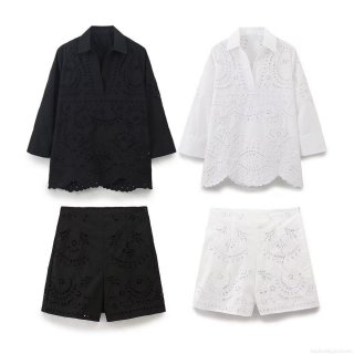 Women Hollow Out Eyelet Embroidery 2 Piece Set Cotton Blend V Neck Shirt And High Waist Shorts Elegant Summer Vacation Street Style Outfits