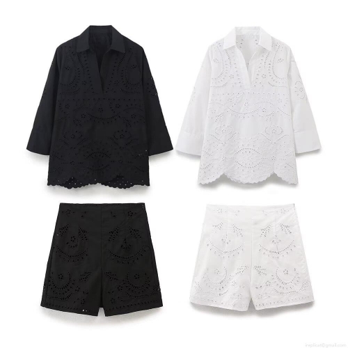 Women Hollow Out Eyelet Embroidery 2 Piece Set Cotton Blend V Neck Shirt And High Waist Shorts Elegant Summer Vacation Street Style Outfits