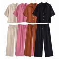 Women's Summer 2 Piece Set Casual V Neck Short Sleeve Button Down Shirt And High Waist Wide Leg Drawstring Pants Wrinkle Textured Vacation Outfits