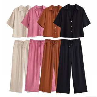Women's Summer 2 Piece Set Casual V Neck Short Sleeve Button Down Shirt And High Waist Wide Leg Drawstring Pants Wrinkle Textured Vacation Outfits