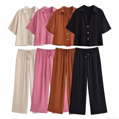 Women's Summer 2 Piece Set Casual V Neck Short Sleeve Button Down Shirt And High Waist Wide Leg Drawstring Pants Wrinkle Textured Vacation Outfits